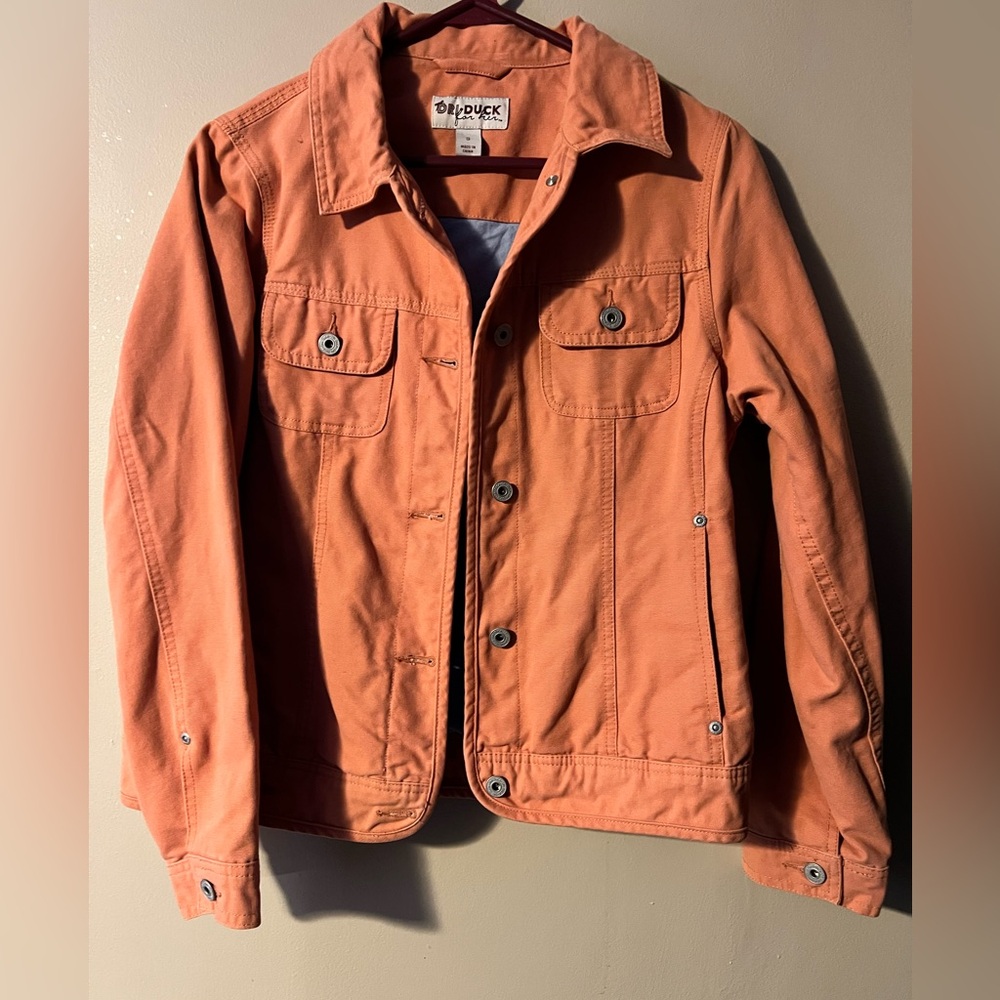 Dri-Duck for her light orange trucker canvas jacket with light blue lining sz S.